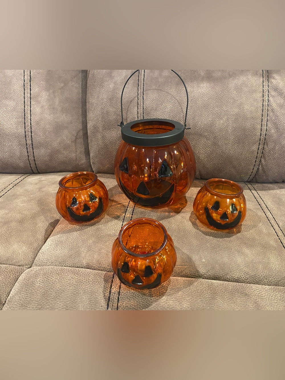 Source Unknown Orange Glass Jack-o'-Lantern Lantern Set with Black Details